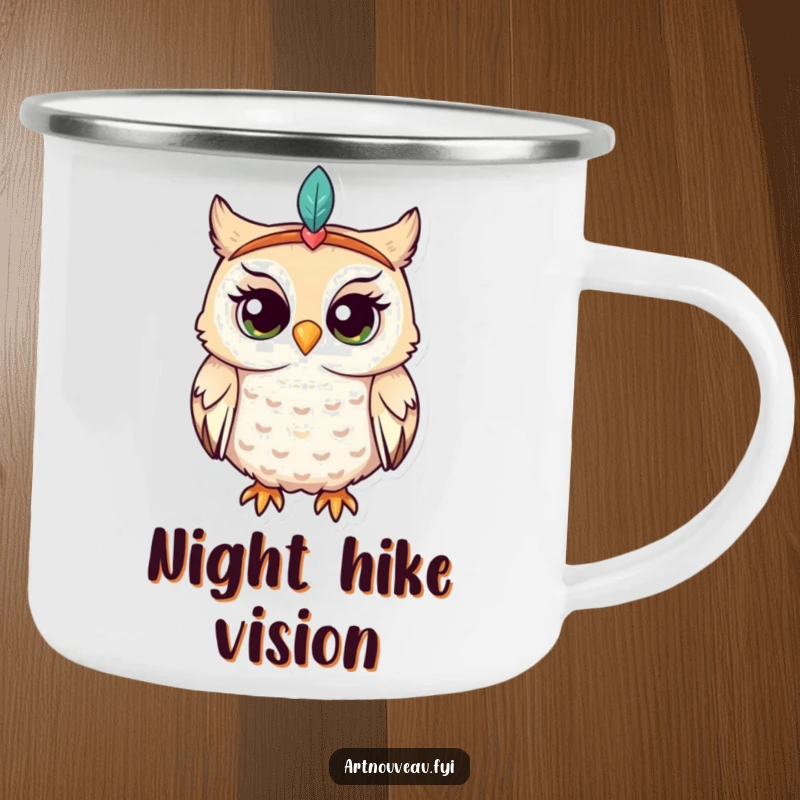 Funny owl camping mug, whimsical bird in feathered headband, enchantingly curious, enamel mug, perfect funny gift for campers.