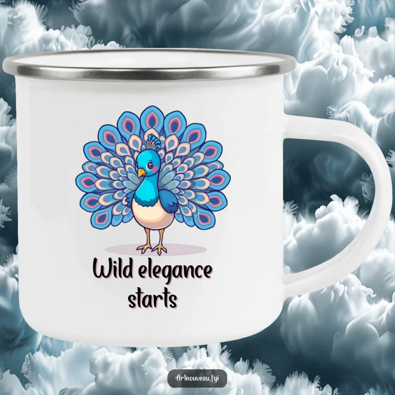 Funny Peacock Wings Camping Mug featuring a majestic bird with intricate, swirling feather art, designed for outdoor adventures with a humorous touch.