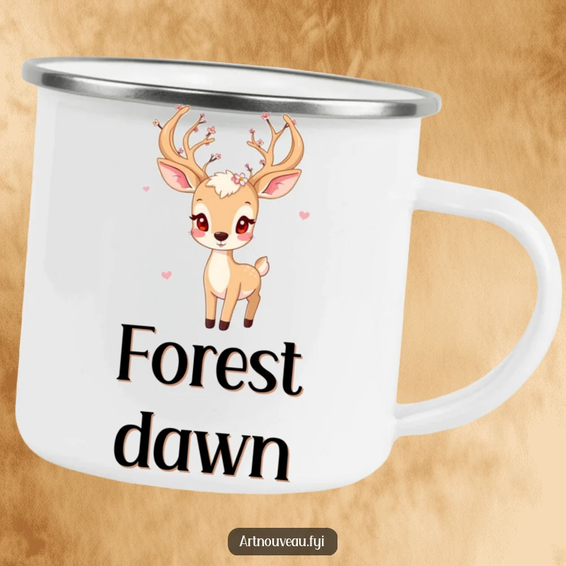 Funny deer camping mug, playful creature with blossom-adorned antlers, enamel mug, outdoor gear, perfect funny gift.
