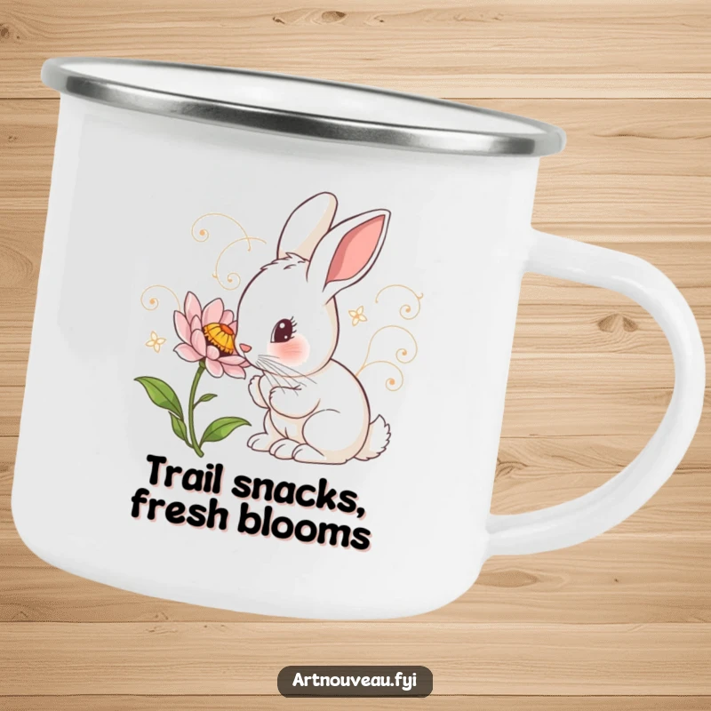 Funny Camping Mug: Curious rabbit with art nouveau swirls inspecting a detailed flower, perfect for durable outdoor use.