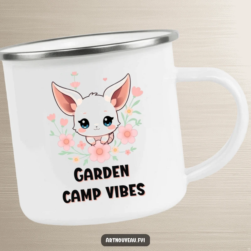 Funny Creature Camping Mug: A sturdy mug featuring a creature with flowing ears amidst floral elements, perfect for outdoor whimsy.