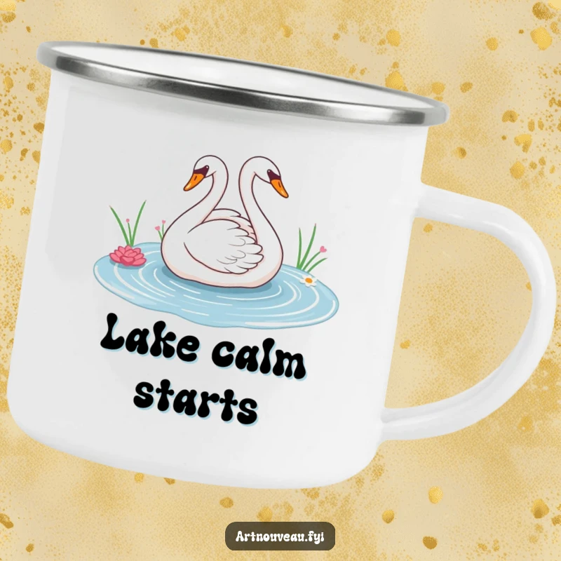 Elegant swan enamel camping mug with graceful sweeping lines across a decorative pond, ideal for enjoying drinks during outdoor excursions.