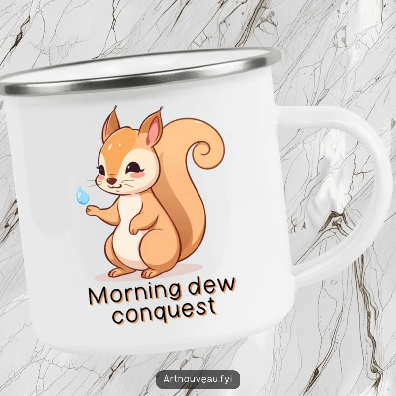 Funny squirrel enamel camping mug with an elegant swirling tail, perfect for hot beverages during outdoor excursions, blending rustic charm with whimsy.
