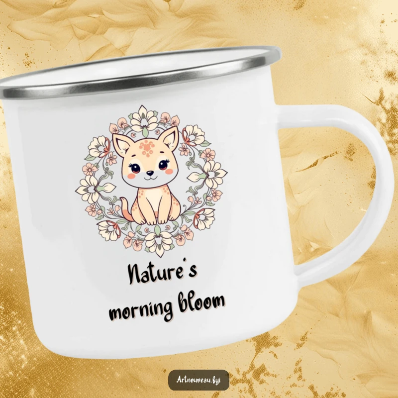 Funny camping mug showcasing an animal within symmetrical floral patterns, designed for durability and adding a touch of natural beauty to outdoor trips.