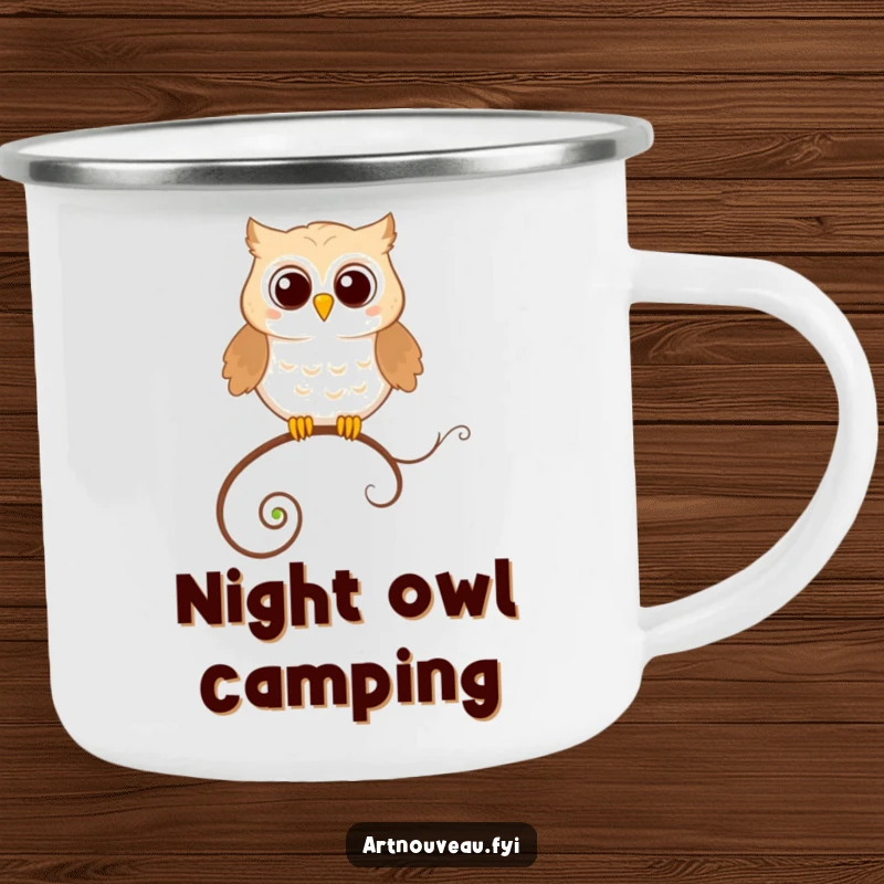 Funny Camping Mug: A happy owl perched precariously on a looping, decorative tendril, perfect for outdoor charm.