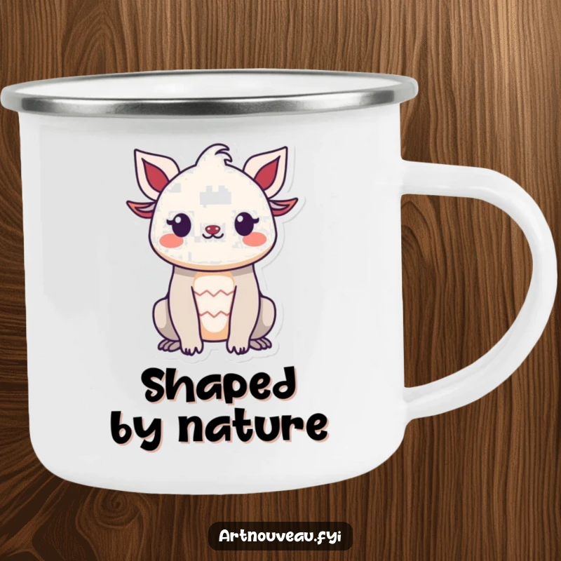 Funny camping mug with a smiling creature's decorative organic silhouette, perfect for outdoor trips and adding cheer to beverages.