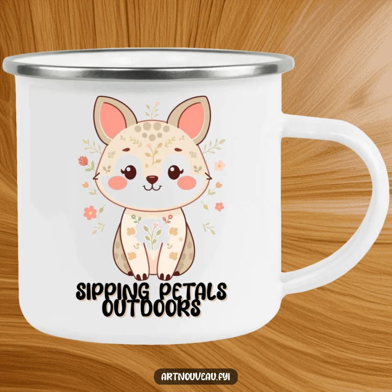 Funny camping mug featuring a smiling animal with delicate nature patterns, perfect for enjoying beverages outdoors with sweet charm.