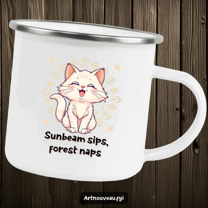 Funny Camping Mug: Delighted cat with flowing fur against a decorative art nouveau pattern, perfect for durable outdoor use.