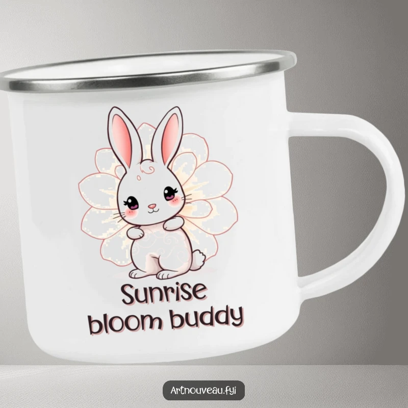 Funny Rabbit Bloom Camping Mug showcasing a cute rabbit with swirling patterns peeking from behind a large decorative bloom, for outdoor use.