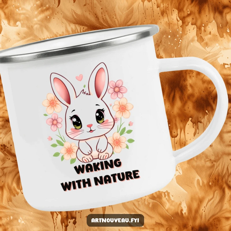 Funny rabbit camping mug with a stylized rabbit, expressive eyes, and floral motifs, durable for outdoor use.