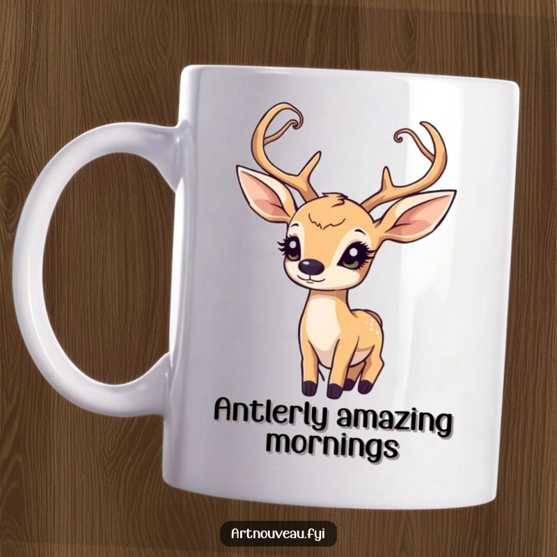 Funny Art Nouveau Deer Mug: An elegant deer with curved antlers gazes upward in wonder, bringing whimsical charm to your day.