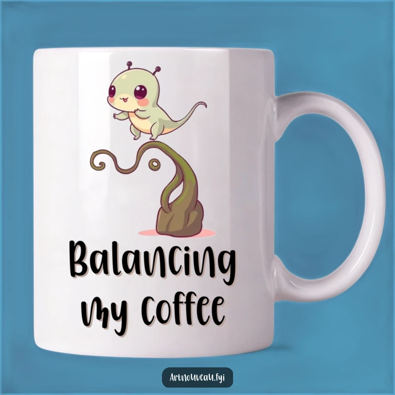 Funny Balance Creature Mug, Precarious Stem Plant Art Gift