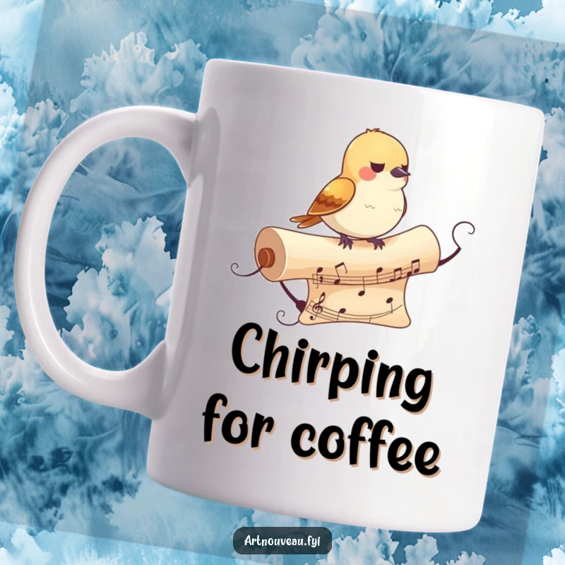 Funny Bird Mug: A small bird perched on a decorative, flowing musical scroll, bringing artistic humor and melody to your mug.