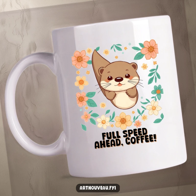 Funny mug showing a playful otter joyfully diving amidst vibrant, decorative floral patterns, conveying pure delight.