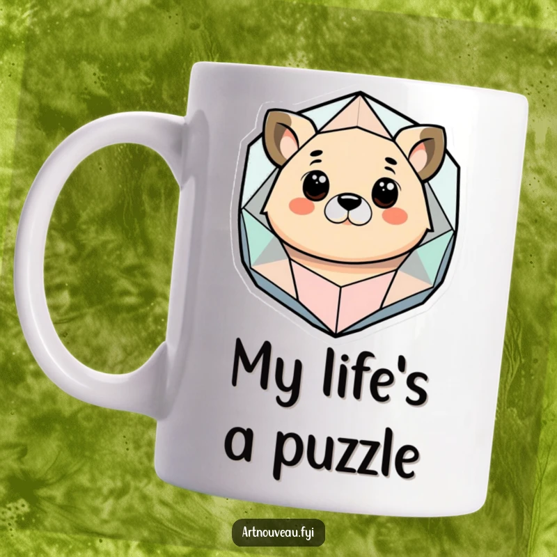 Funny mug featuring a stylized animal looking intently at a geometric and organic abstract shape, symbolizing thoughtful contemplation and artistic flair.