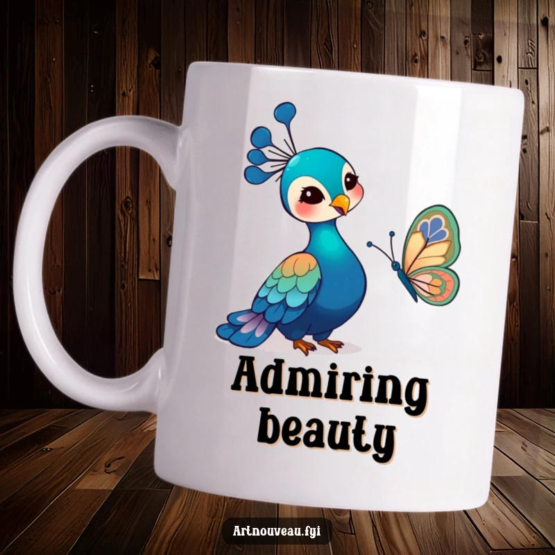 Funny Art Nouveau Peacock Mug showing a gentle bird with a smile, watching a butterfly with intricate, flowing art nouveau wings.