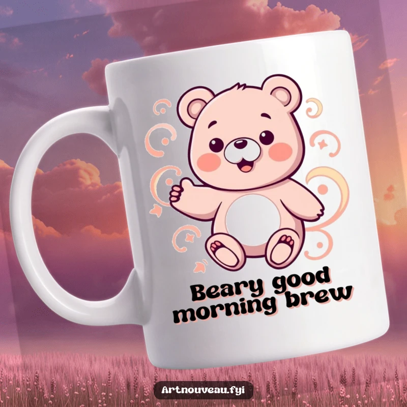 Funny bear mug with a charming bear character interacting with abstract swirling, curvilinear patterns, evoking fun.