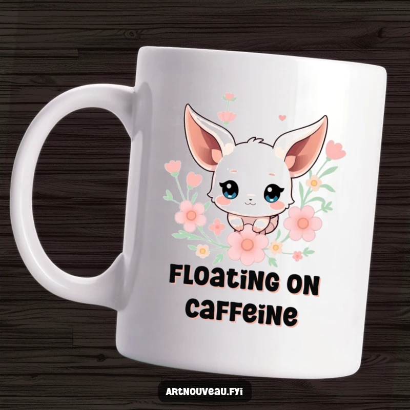 Funny Creature Mug: A mystical creature with flowing ears floats serenely amidst stylized floral elements, bringing whimsical humor.