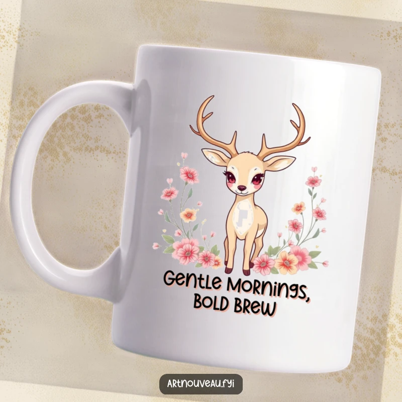 Funny Mug: Graceful deer with elongated antlers stands elegantly amidst detailed floral motifs, a beautiful nature-inspired art nouveau design.