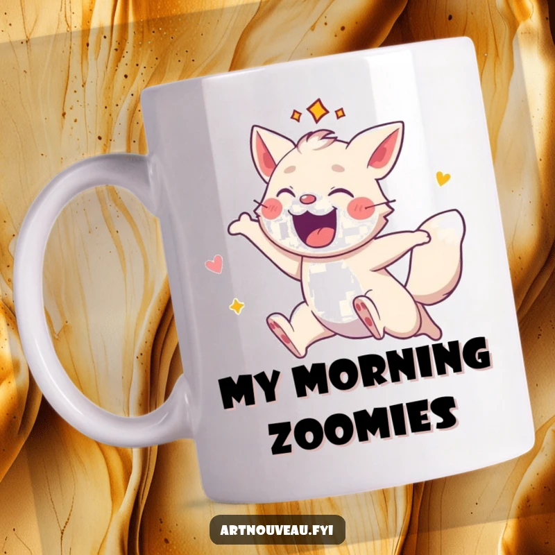 Funny mug featuring an energetic animal with decorative flair, captured mid-leap, radiating power and spirited joy.