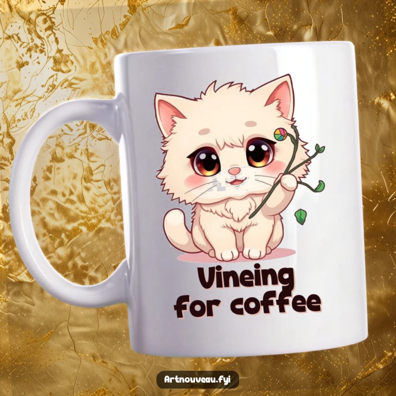 Funny Mug: Fluffy cat with big cheerful eyes playfully batting at a swirling vine flourish, bringing joy and laughter.