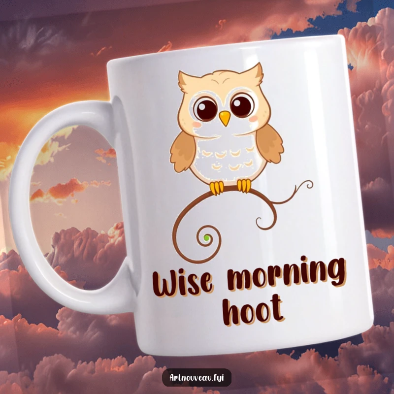 Funny Mug: A happy owl perched precariously on a looping, decorative tendril, exuding joy and quirky charm.