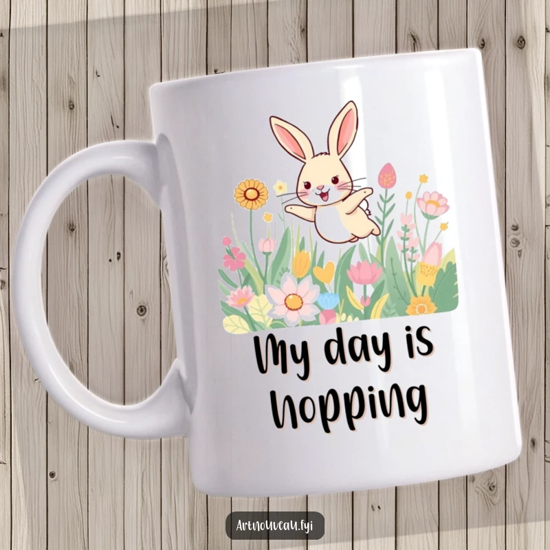 Funny mug featuring a smiling hare joyfully leaping through a field of beautifully patterned plants, symbolizing happiness and freedom.