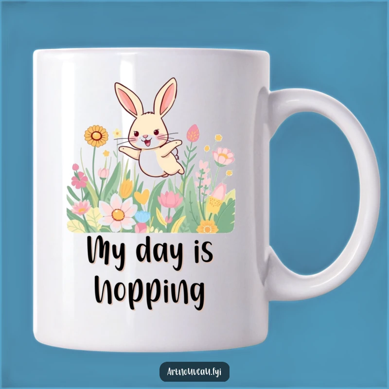 Funny Hare Mug - Joyful Leap Patterned Plants, Happy Nature Gift