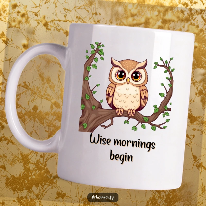 Funny Majestic Owl Mug: A wise owl with large, expressive eyes perches on a vine-covered branch, bringing a touch of nature.