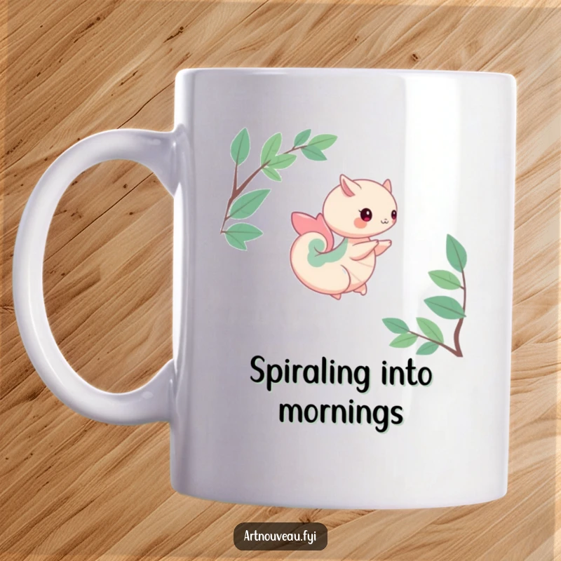 Funny mug depicting a creature with organic, flowing curves gracefully performing a gentle spin, embodying natural movement and harmony.