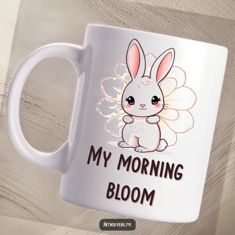 Funny Rabbit Bloom Mug showing a cute rabbit with swirling body patterns peeking from behind a large, decorative bloom, full of charm.