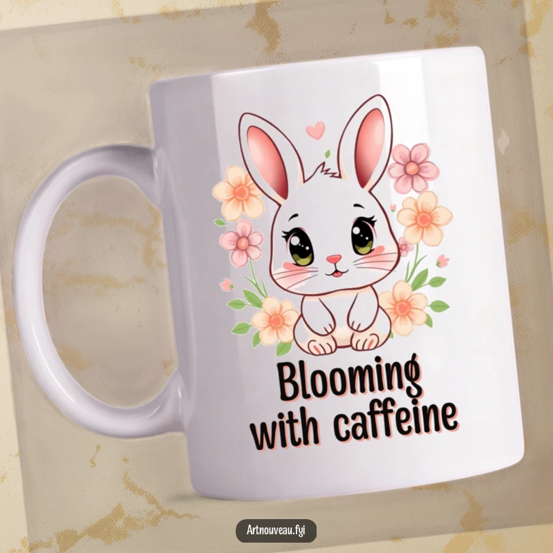 Funny rabbit mug with a stylized rabbit, large expressive eyes, surrounded by floral motifs, evoking cuteness.