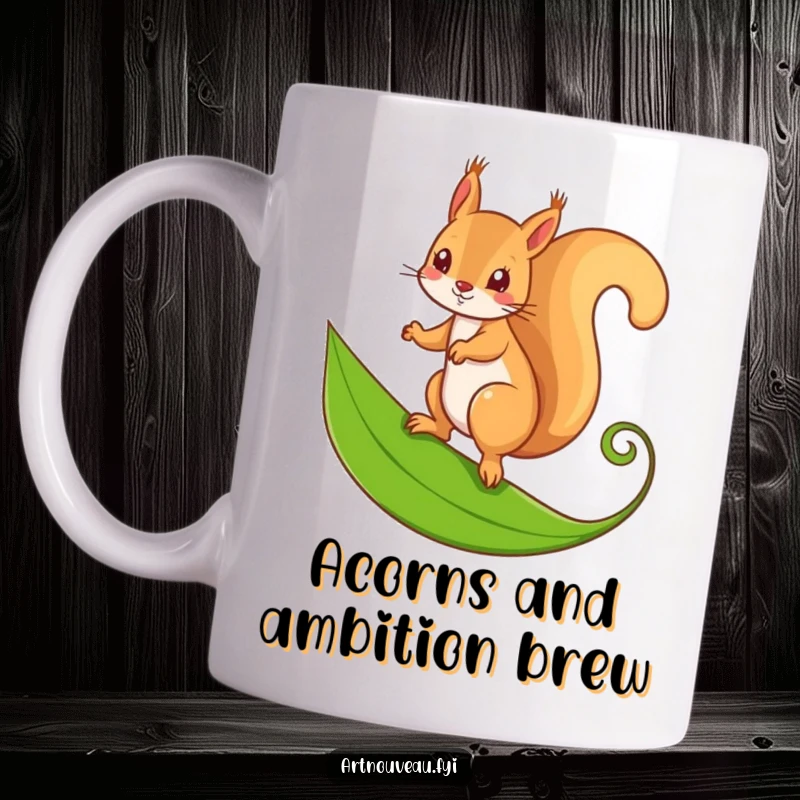 Funny mug featuring a mischievous squirrel expertly balancing on a stylized, curling leaf, capturing a moment of balance.