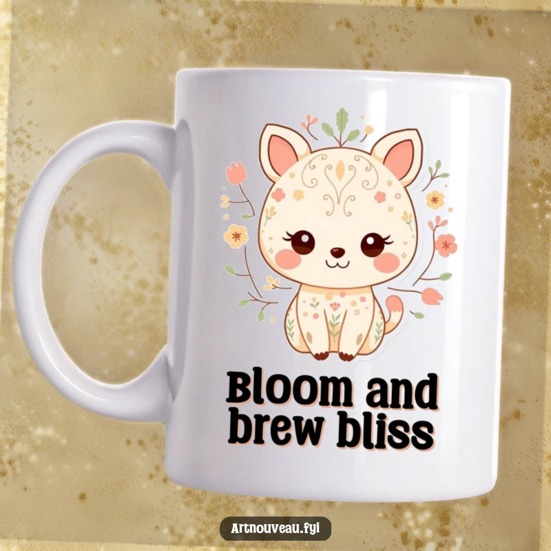 Funny mug with a sweet animal character smiling gently, decorated with delicate, nature-inspired patterns, showcasing a serene and cheerful vibe.