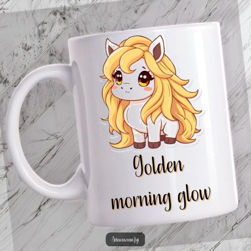 Funny mug showing an animal with a flowing, liquid gold mane looking upwards with a curious expression, exuding enchantment and warmth.