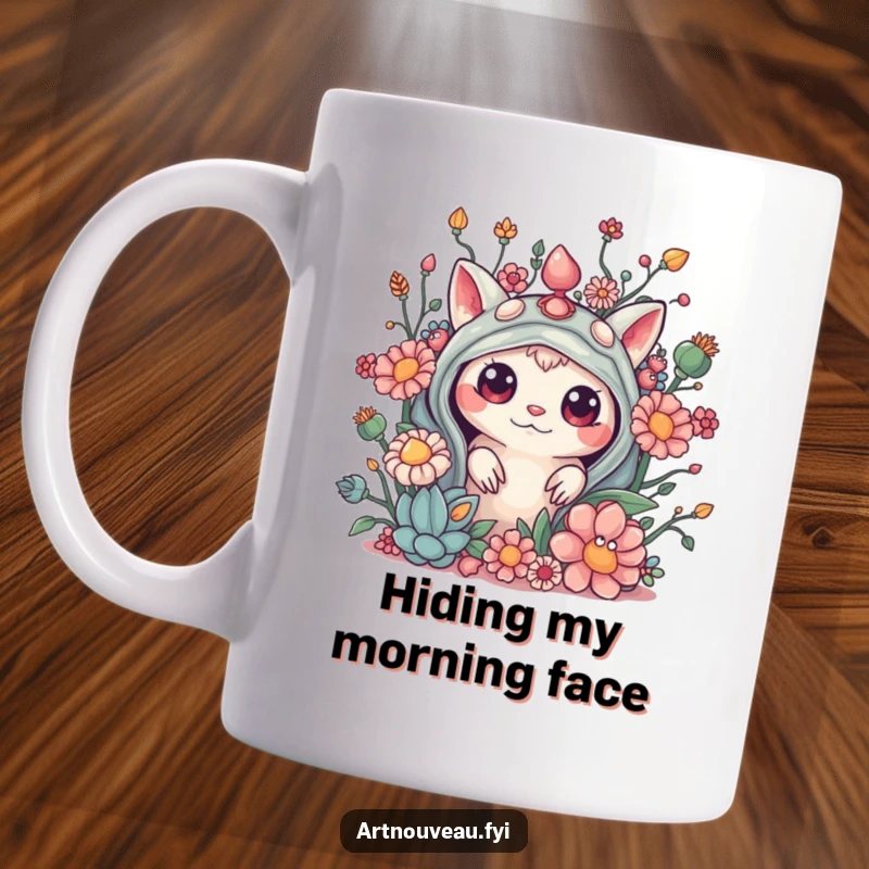 Funny mug showing a curious creature peeking from behind elaborate, organic embellishments, hinting at delightful secrets.