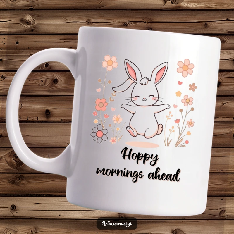 Funny Charming Rabbit Mug: A happy rabbit with long ears dances among stylized flowers, bringing cheerful energy.