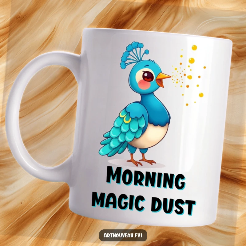 Funny Golden Dust Peacock Mug depicting a playful bird with its beak scattering shimmering golden dust, evoking magic and humor.