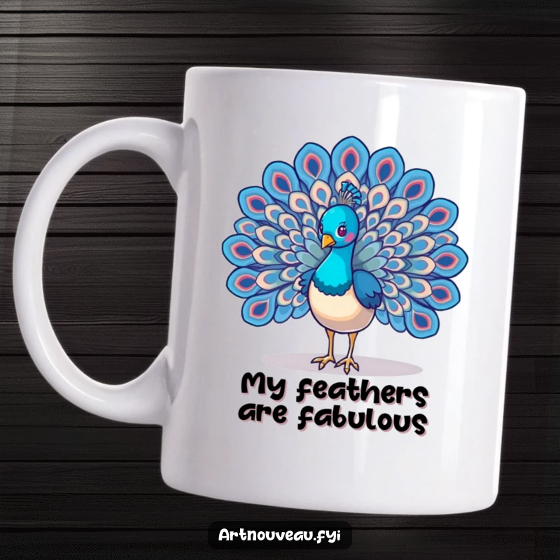 Funny Peacock Wings Mug showcasing a majestic bird with wings spread wide, displaying intricate, swirling feather designs in a humorous, eye-catching art piece.