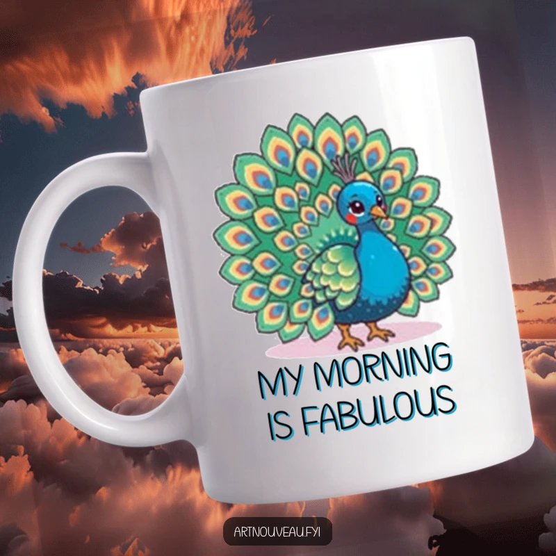 Funny mug featuring an elegant peacock fanning its tail with elaborate feather patterns, showcasing pride and beauty.