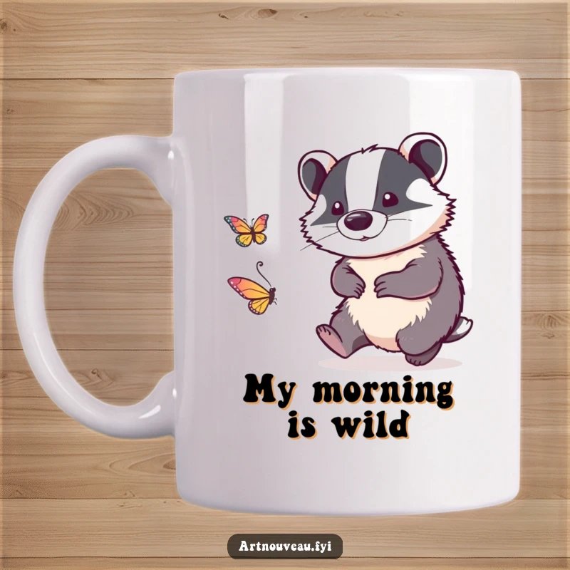 Funny mug featuring a detailed linework badger playfully chasing a stylized butterfly, embodying whimsical energy and carefree fun.