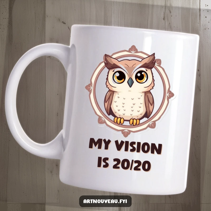Funny Owl Mug featuring a curious owl with large, expressive eyes peeking through a decorative circular frame, capturing a sense of wonder.