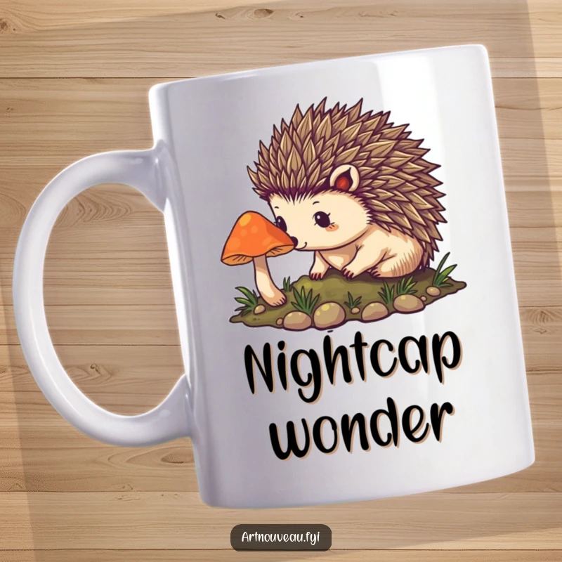 Funny hedgehog mug with detailed art nouveau spines cautiously approaching a glowing mushroom, evoking a sense of wonder and magical discovery.