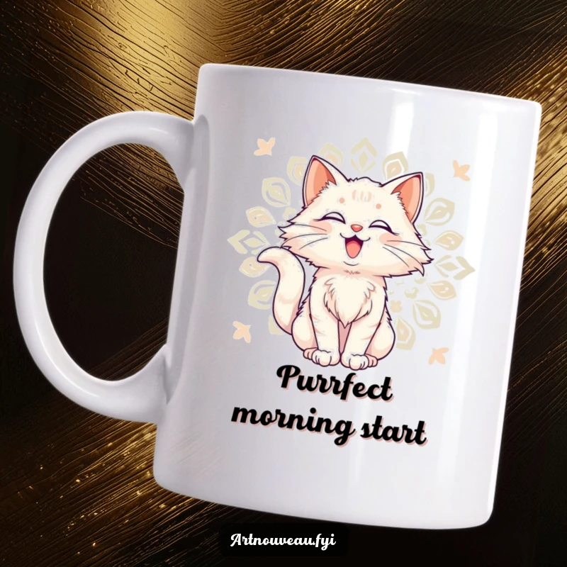 Funny Mug: Delighted cat with flowing fur poses elegantly against a decorative art nouveau pattern, a charming feline design.