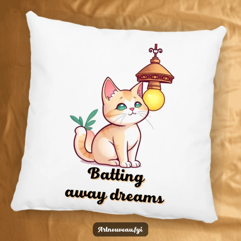 Funny cat pillow, a curious cat with elegant curves batting at a decorative hanging lamp, soft and decorative.