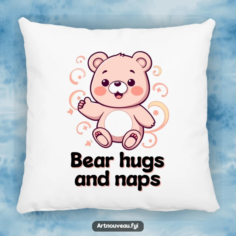 Funny bear pillow with a charming bear character and abstract swirling patterns, offering decorative comfort.