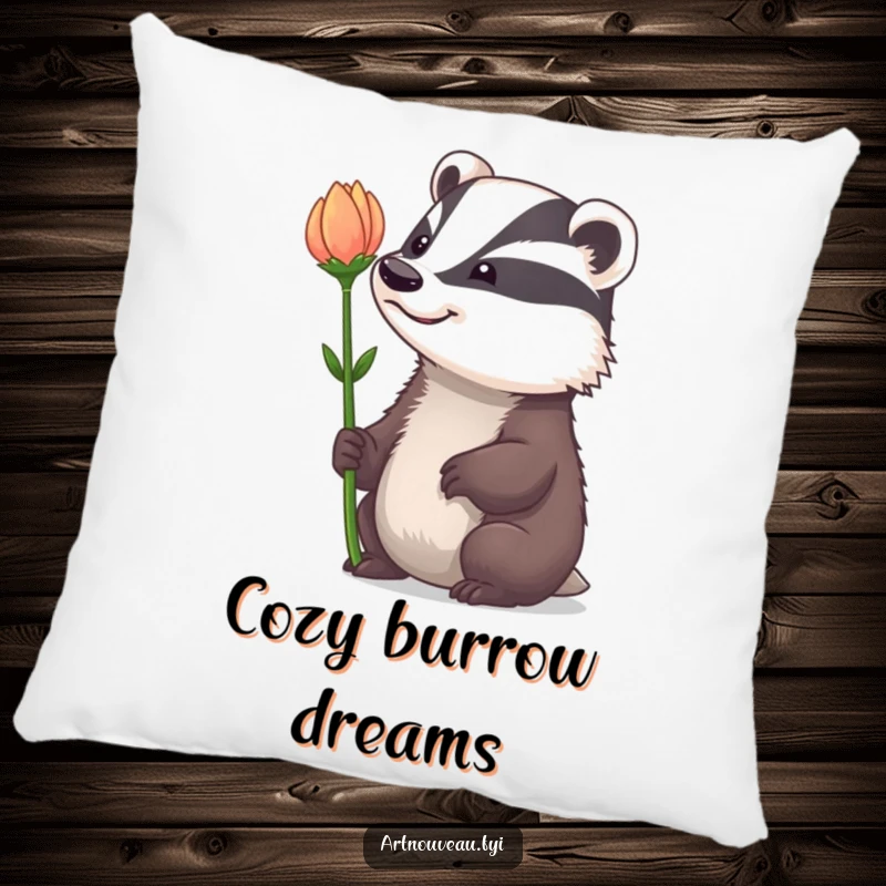 Funny Pillow: A badger with a whimsical grin admiring a dramatically curved flower stem, adding comedic charm and softness.