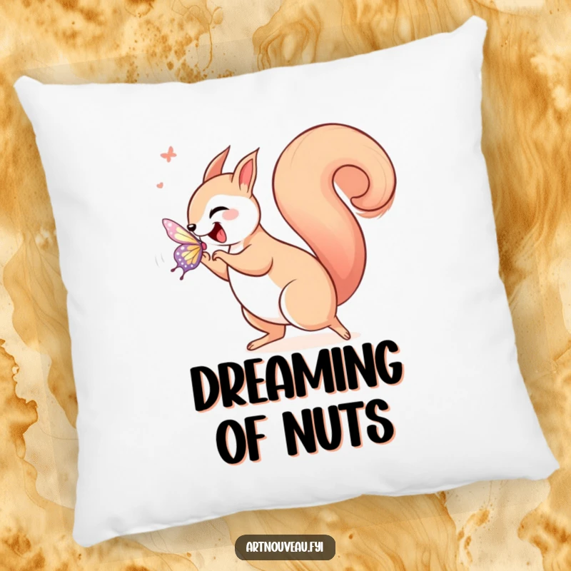 Funny squirrel in art nouveau style, joyfully chasing a shimmering butterfly with a curled tail, featured on a soft, decorative pillow.