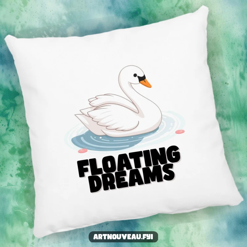 Funny cute swan with elegant curves gliding gracefully on a shimmering decorative pond, featured on a soft and decorative accent pillow.