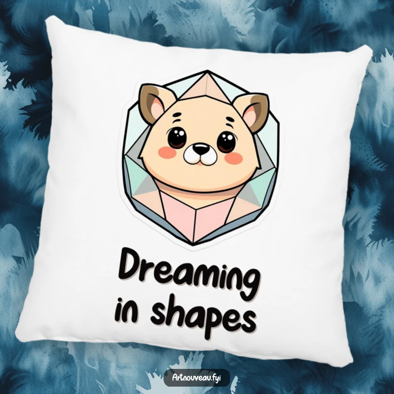 Funny pillow adorned with a stylized animal observing a geometric and organic abstract shape, perfect for adding a quirky and artistic touch to furniture.